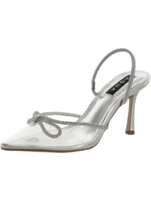 AQUA Womens Clear Clear Padded Goring Embellished Bow Accent Jewel Pointed Toe Flare Slip On Heeled Mules Shoes M