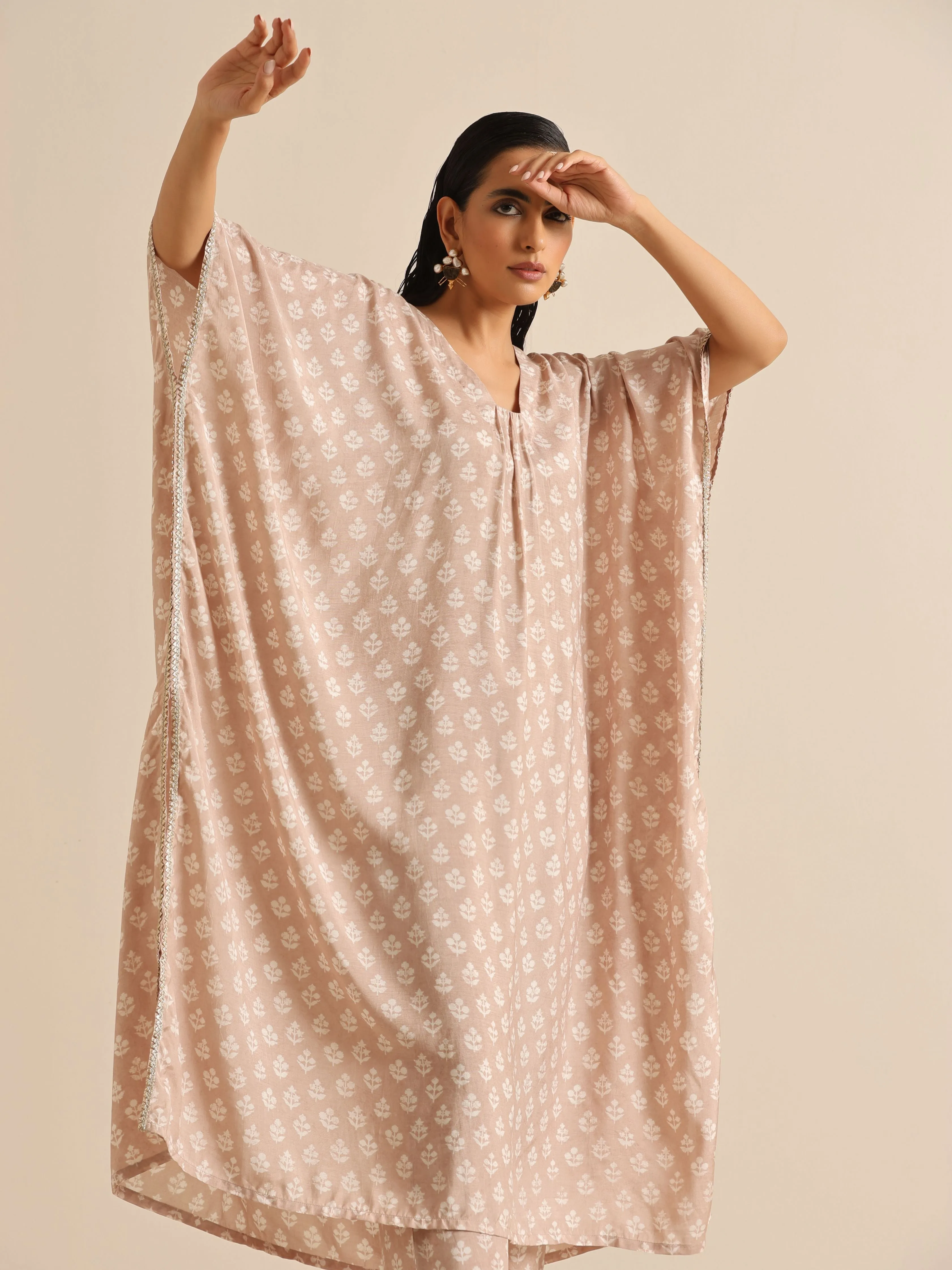 Beige White Floral Silk Print Kaftan Pant Set