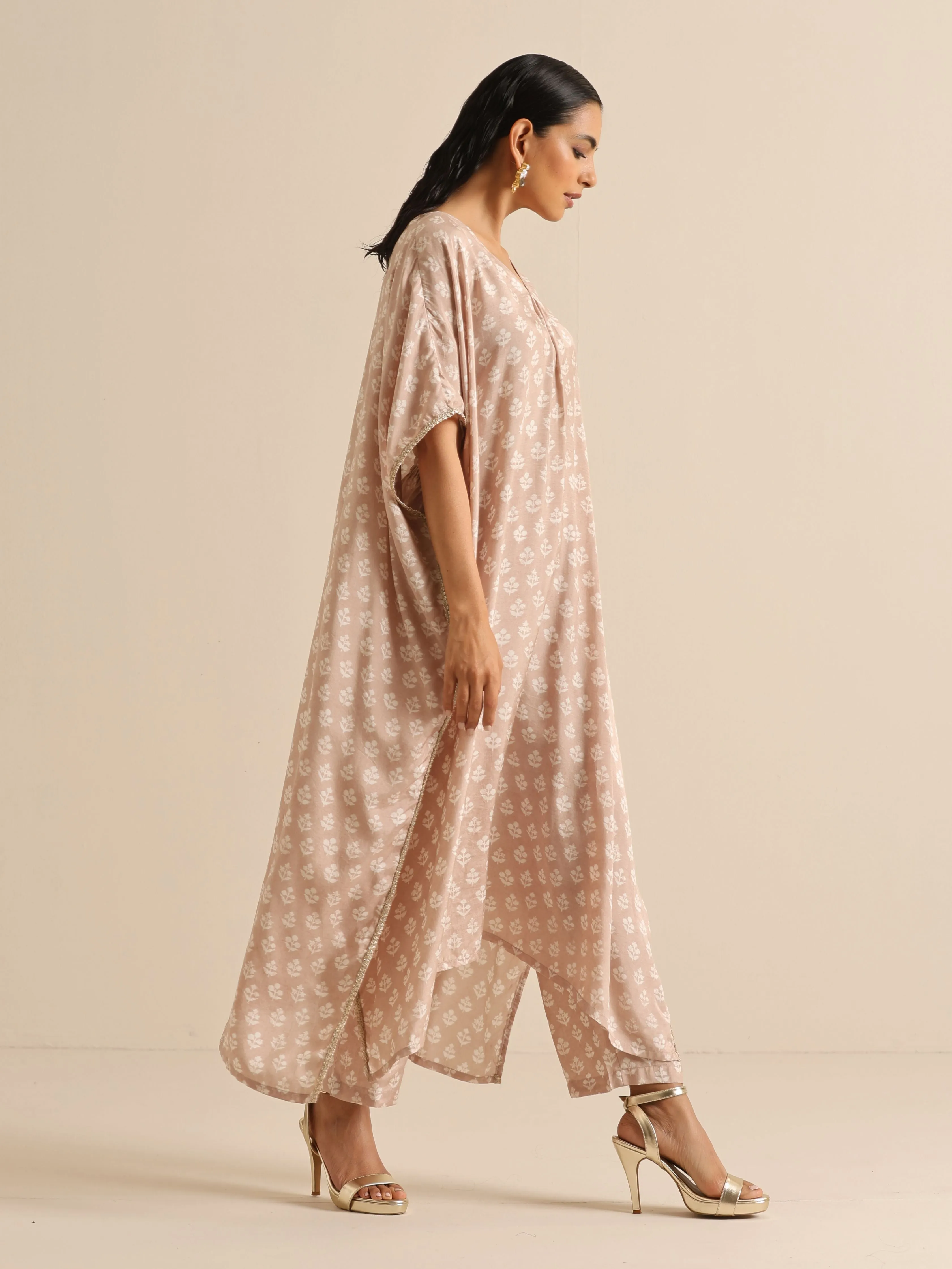 Beige White Floral Silk Print Kaftan Pant Set