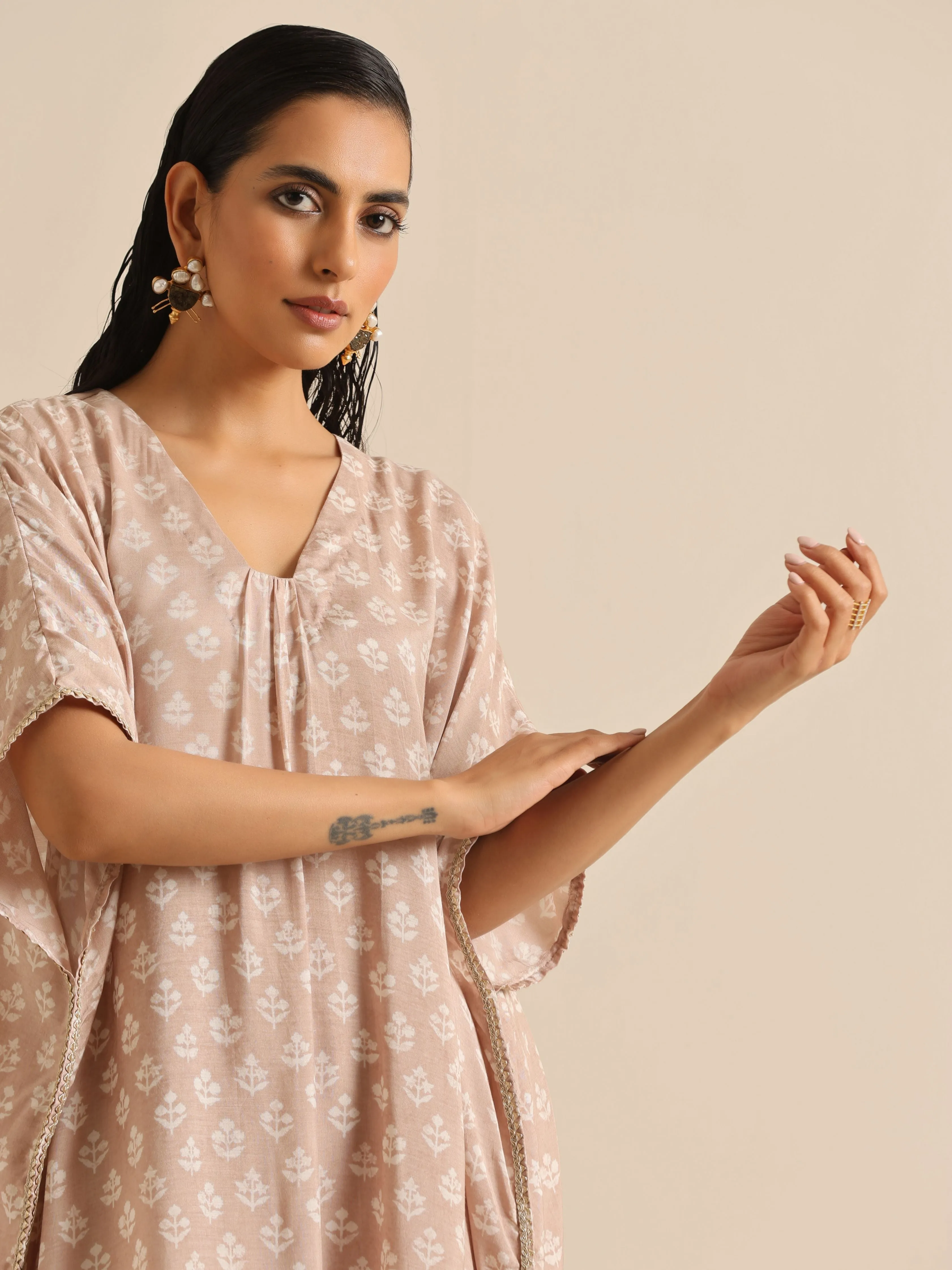 Beige White Floral Silk Print Kaftan Pant Set