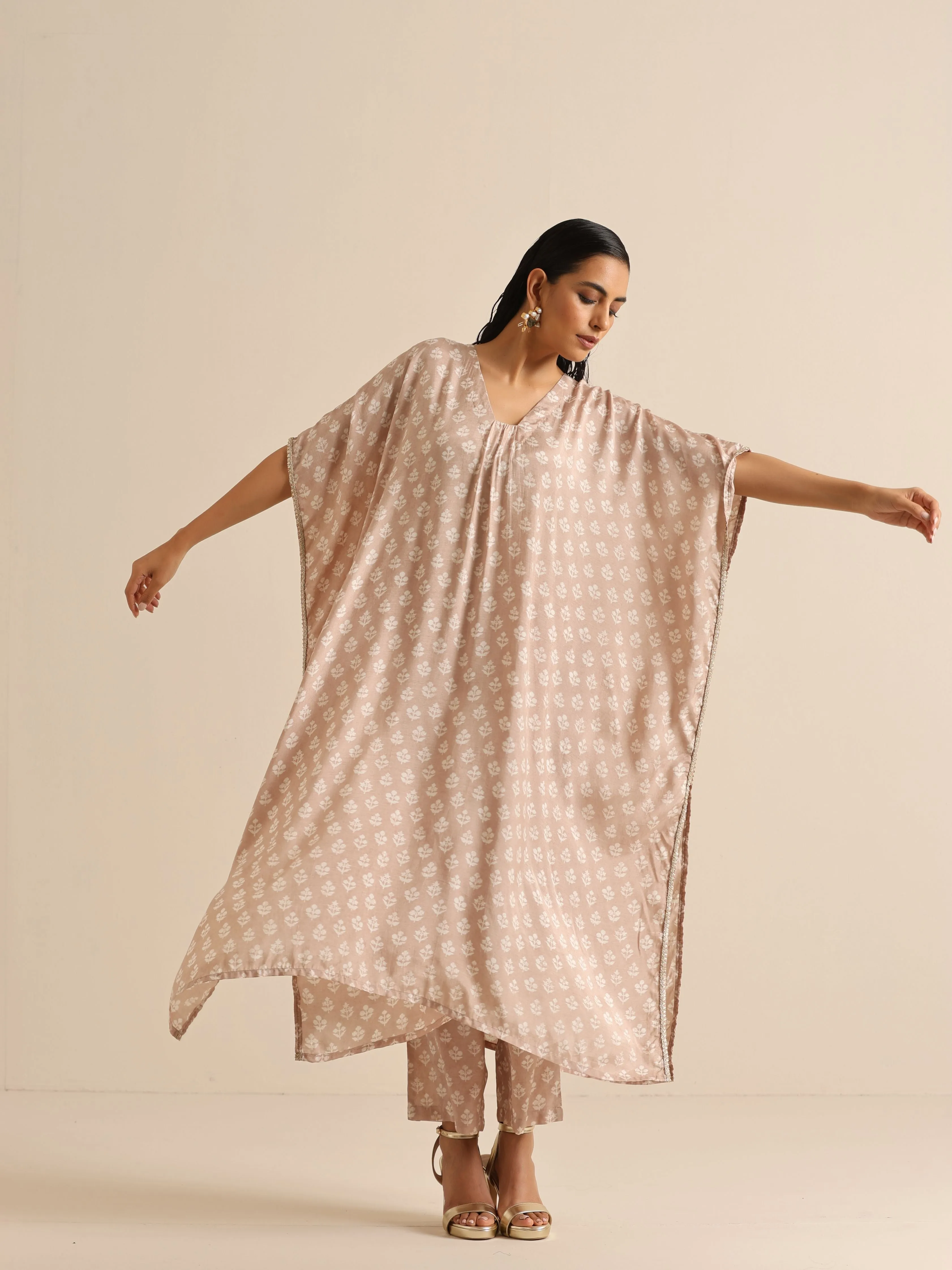 Beige White Floral Silk Print Kaftan Pant Set