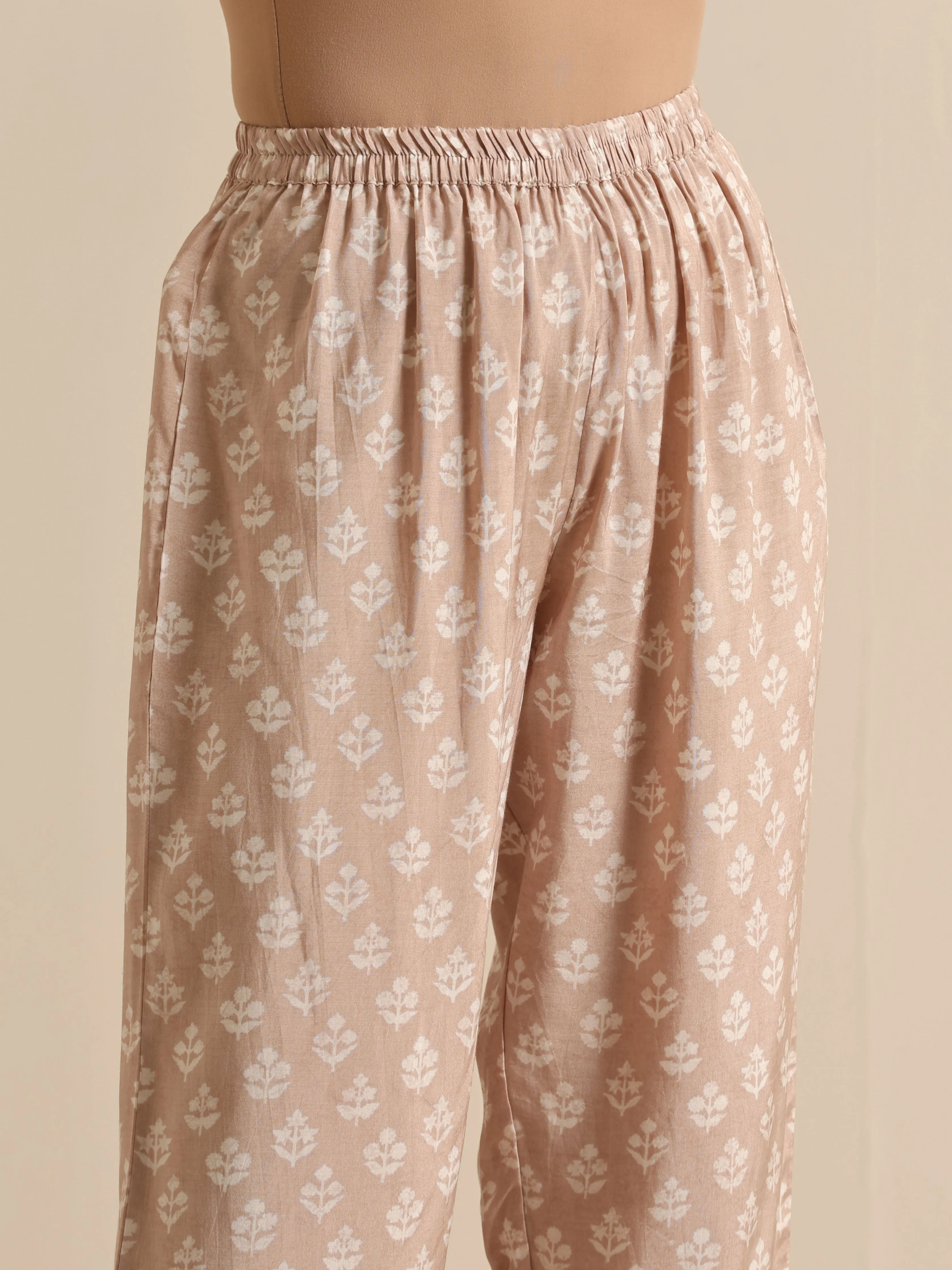 Beige White Floral Silk Print Kaftan Pant Set