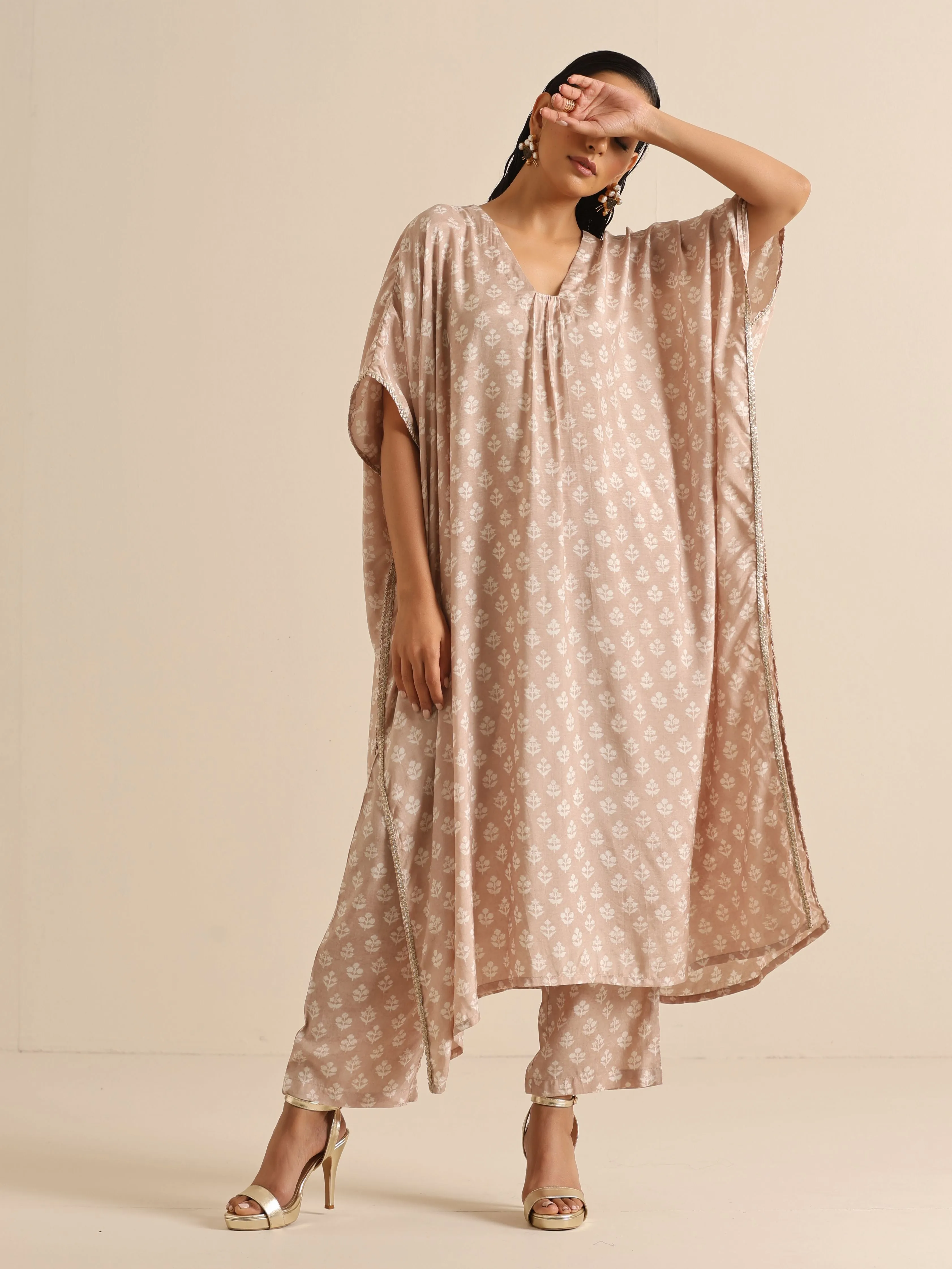 Beige White Floral Silk Print Kaftan Pant Set