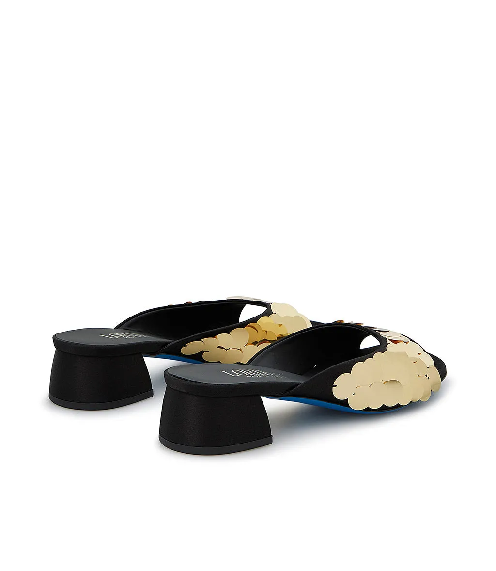 Black satin mules with sequins