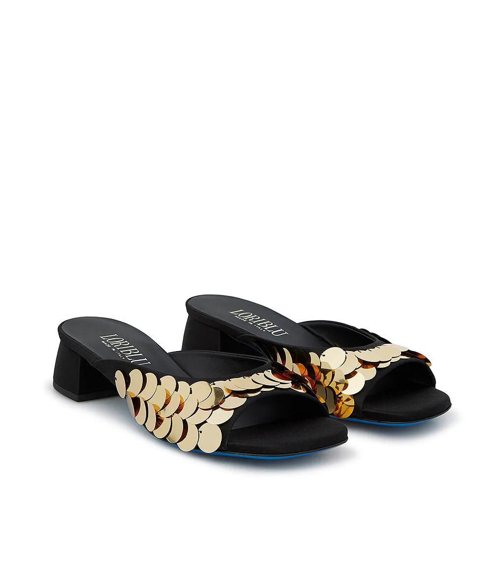 Black satin mules with sequins