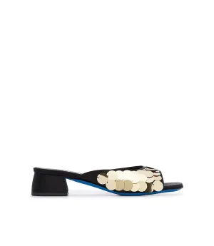 Black satin mules with sequins