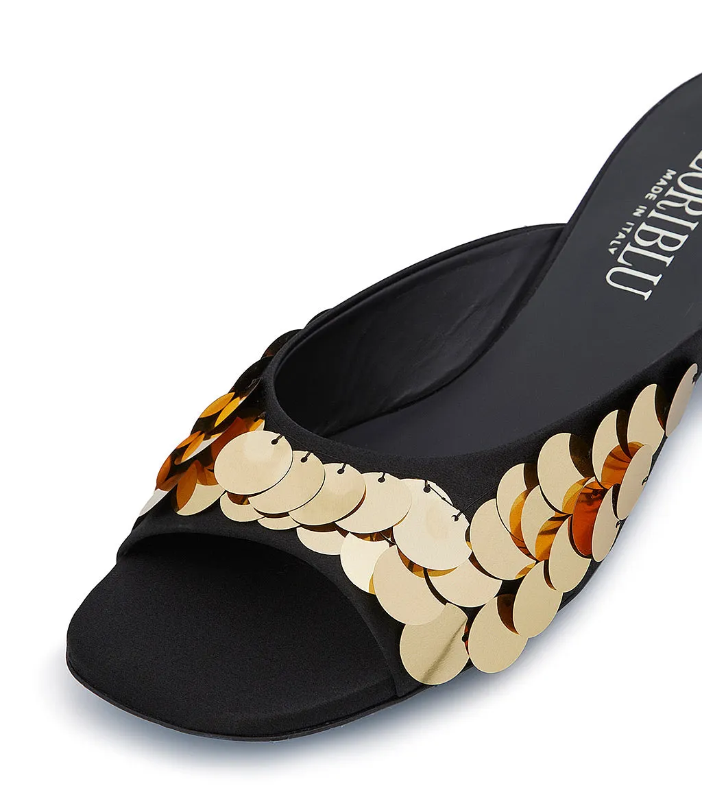 Black satin mules with sequins