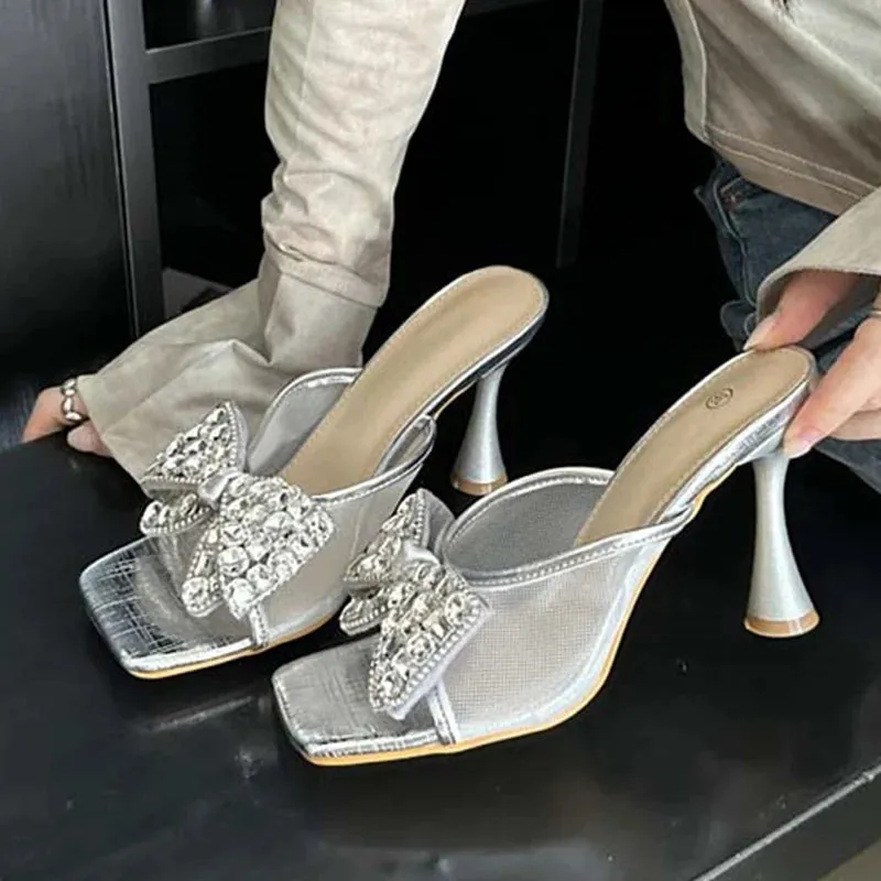 Bow mesh Thin High Heel Mules