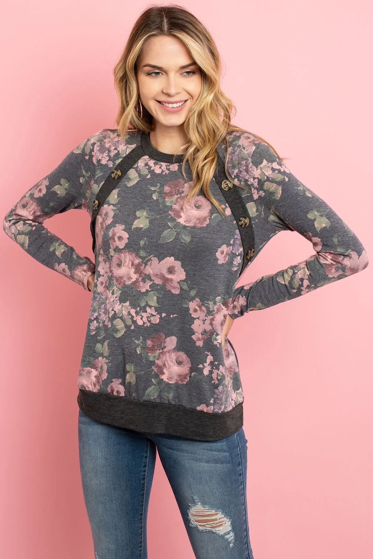 Button Detail Long Sleeved Floral Print Top