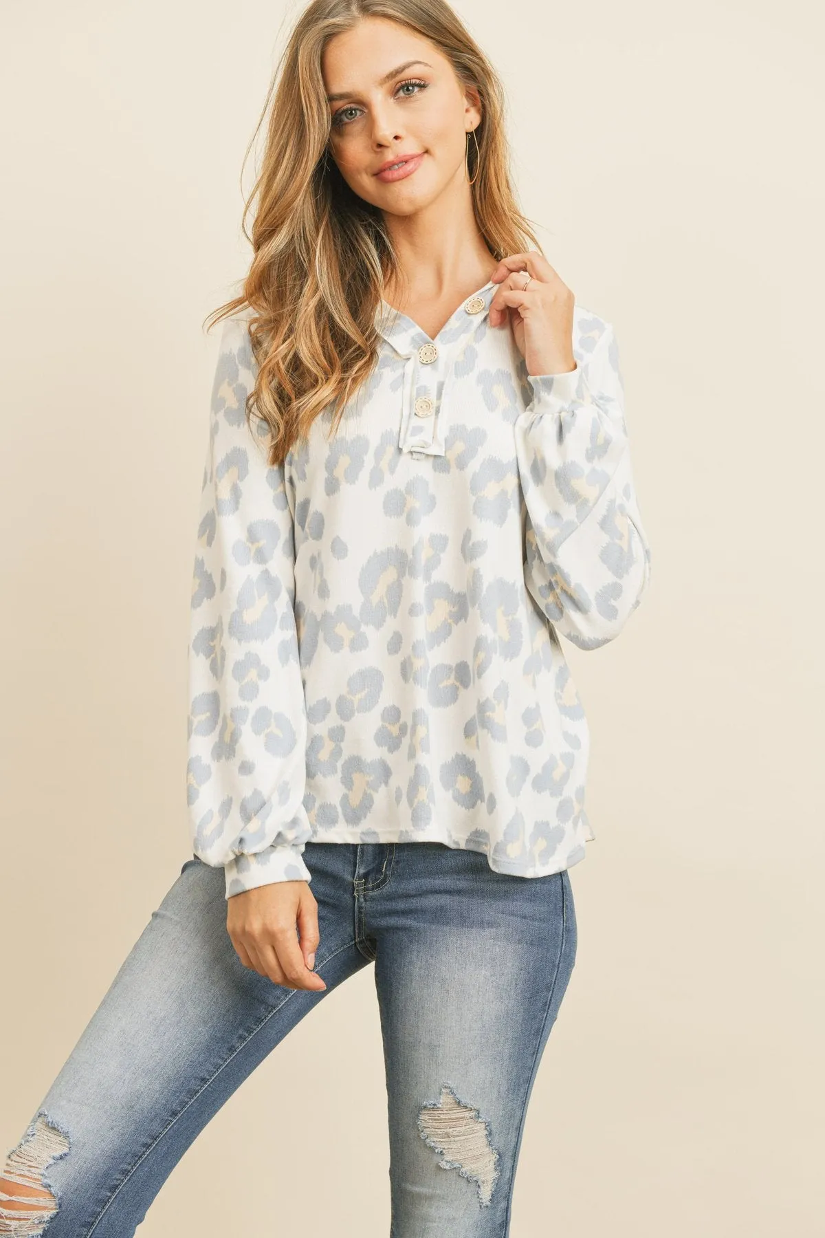 Button Front Long Sleeved Animal Print Top