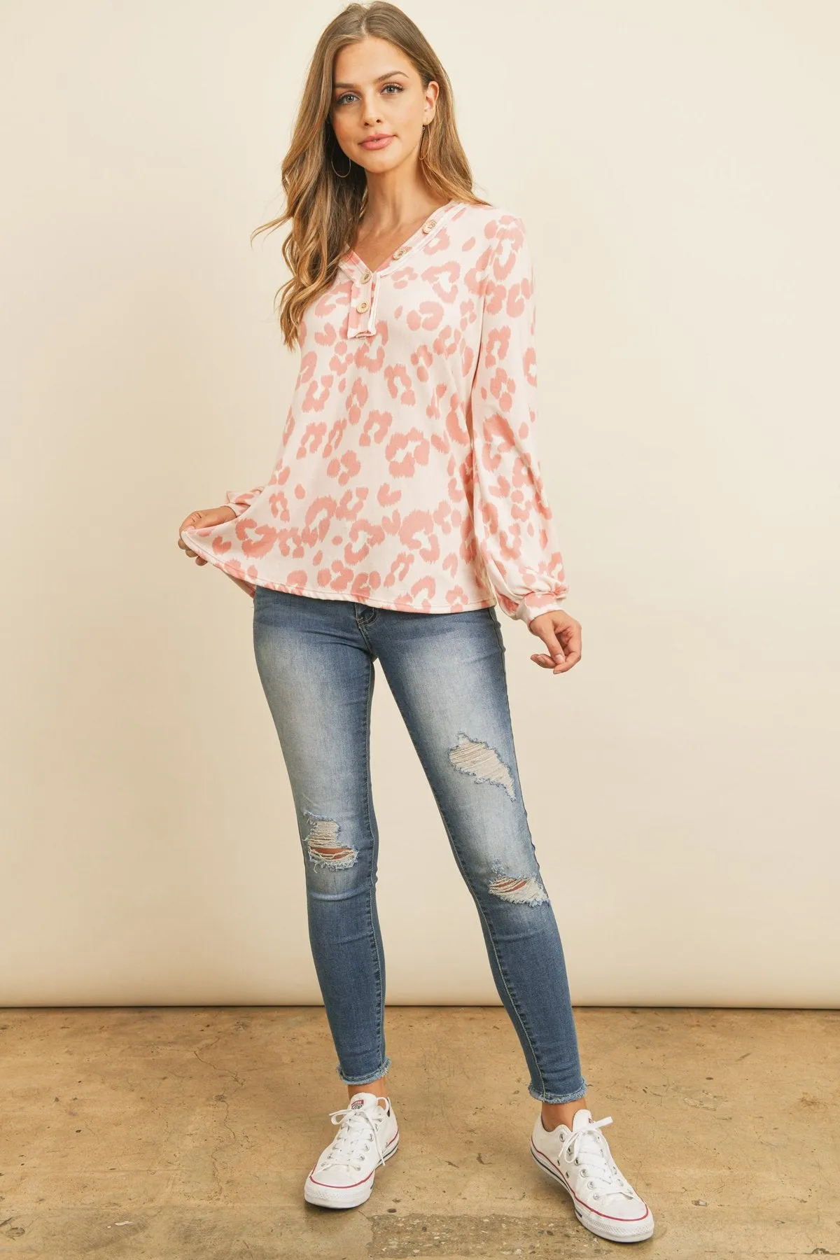 Button Front Long Sleeved Animal Print Top