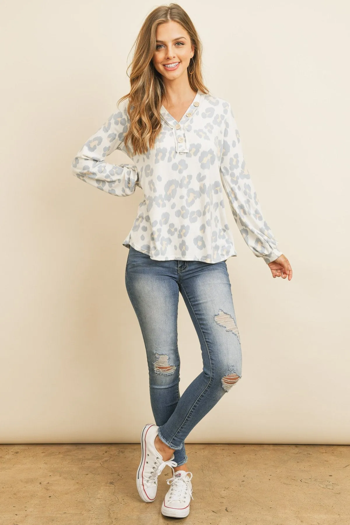 Button Front Long Sleeved Animal Print Top