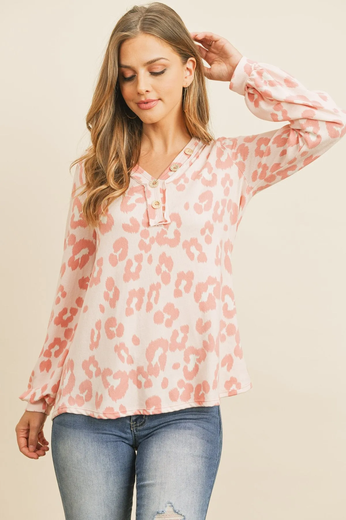 Button Front Long Sleeved Animal Print Top