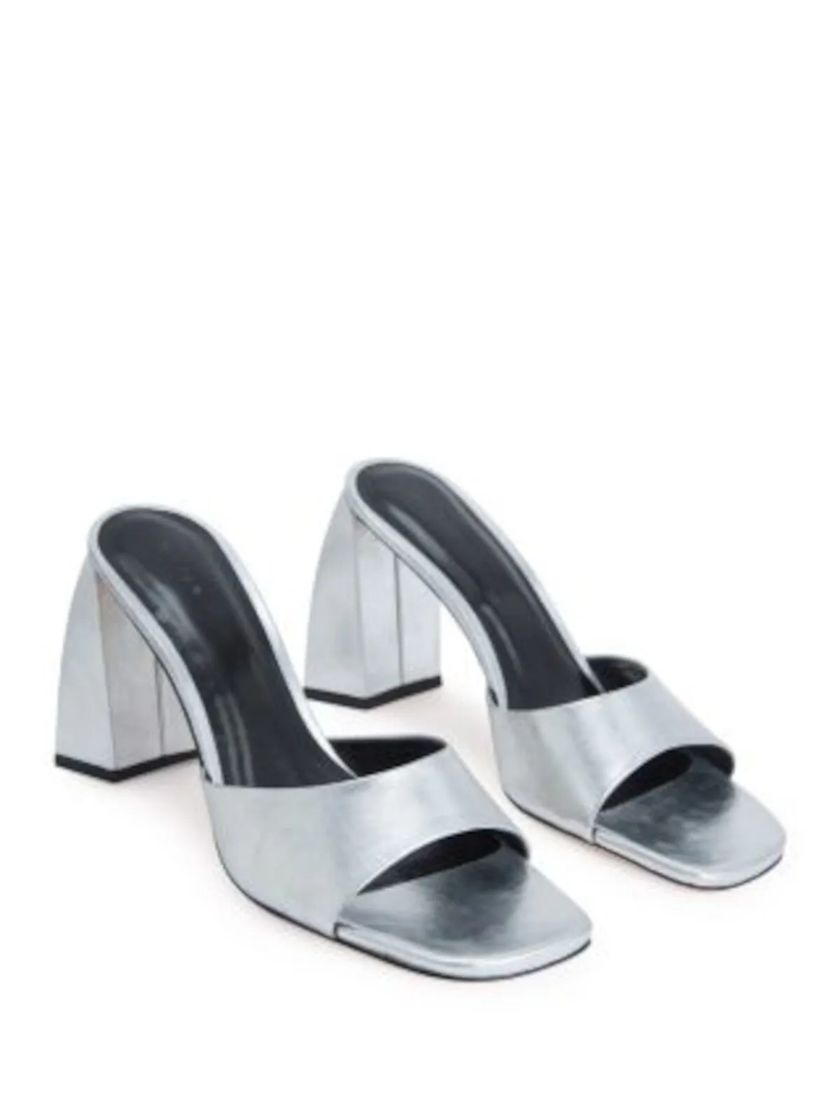 BY FAR Womens Silver Padded Metallic Michele Square Toe Sculpted Heel Slip On Leather Heeled Mules Shoes