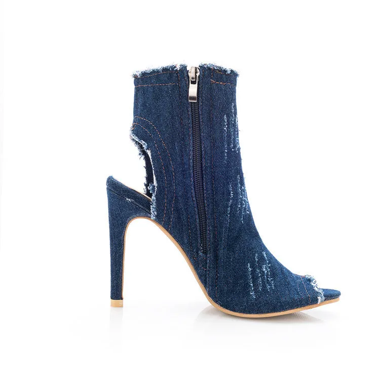 Canvas Cut Out Peep Toe Stiletto High Heel Short Boot Sandals