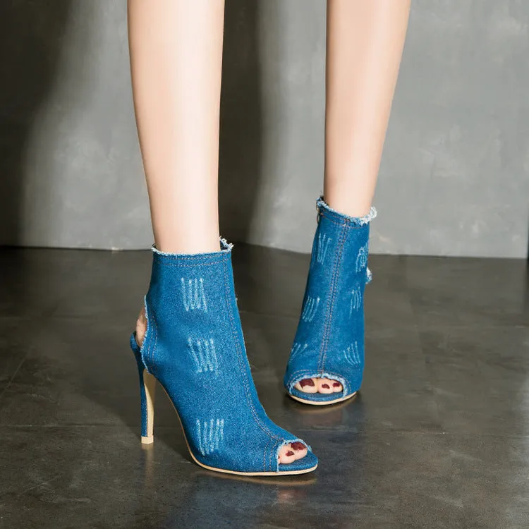 Canvas Cut Out Peep Toe Stiletto High Heel Short Boot Sandals
