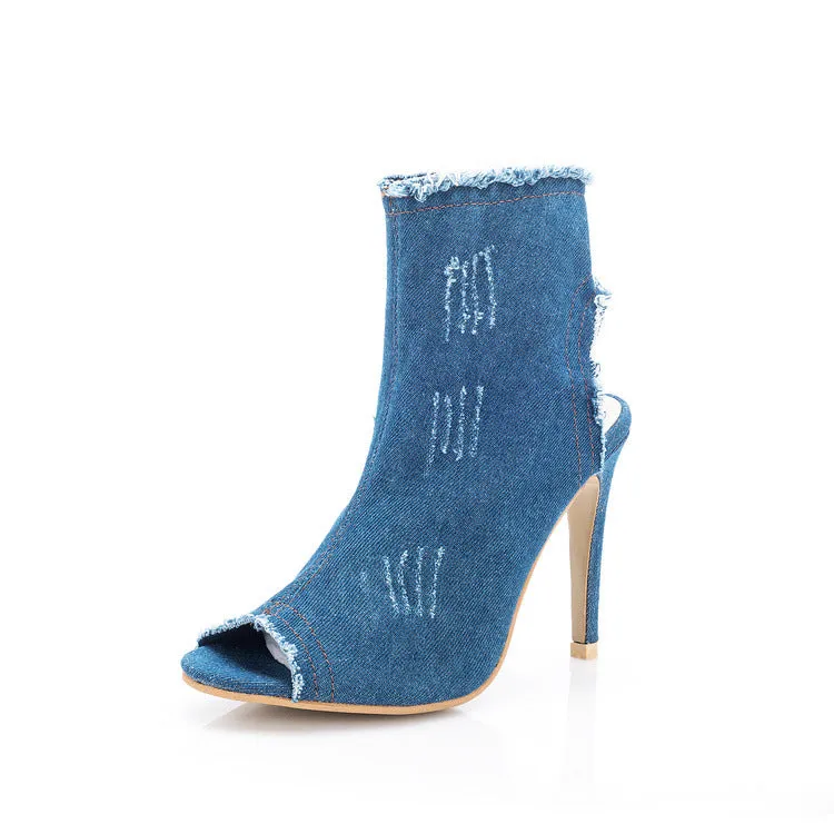 Canvas Cut Out Peep Toe Stiletto High Heel Short Boot Sandals
