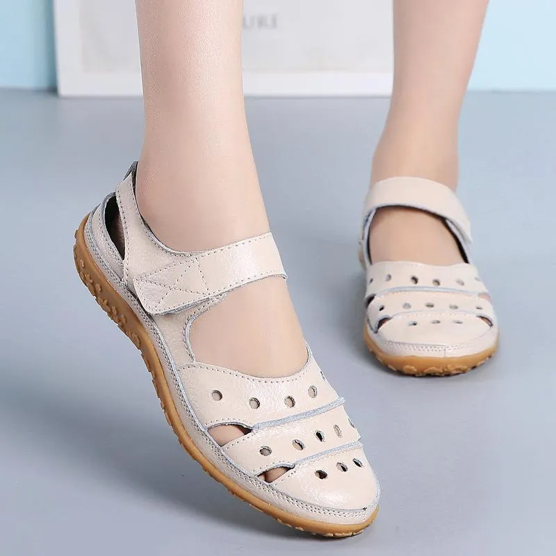 Chicvane Cut Out Velcro Closure Leather Round Toe Wedge Sandals