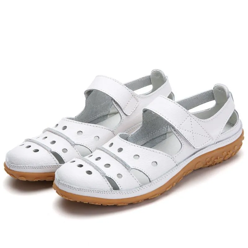Chicvane Cut Out Velcro Closure Leather Round Toe Wedge Sandals