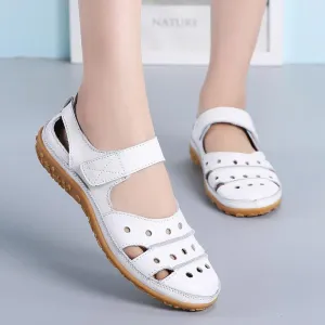 Chicvane Cut Out Velcro Closure Leather Round Toe Wedge Sandals
