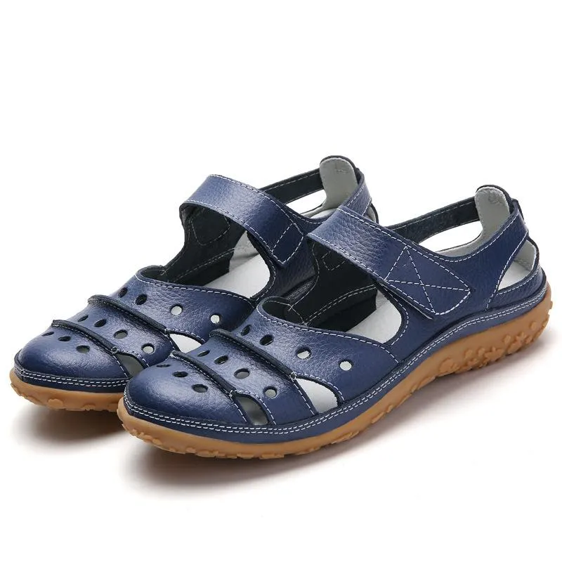 Chicvane Cut Out Velcro Closure Leather Round Toe Wedge Sandals