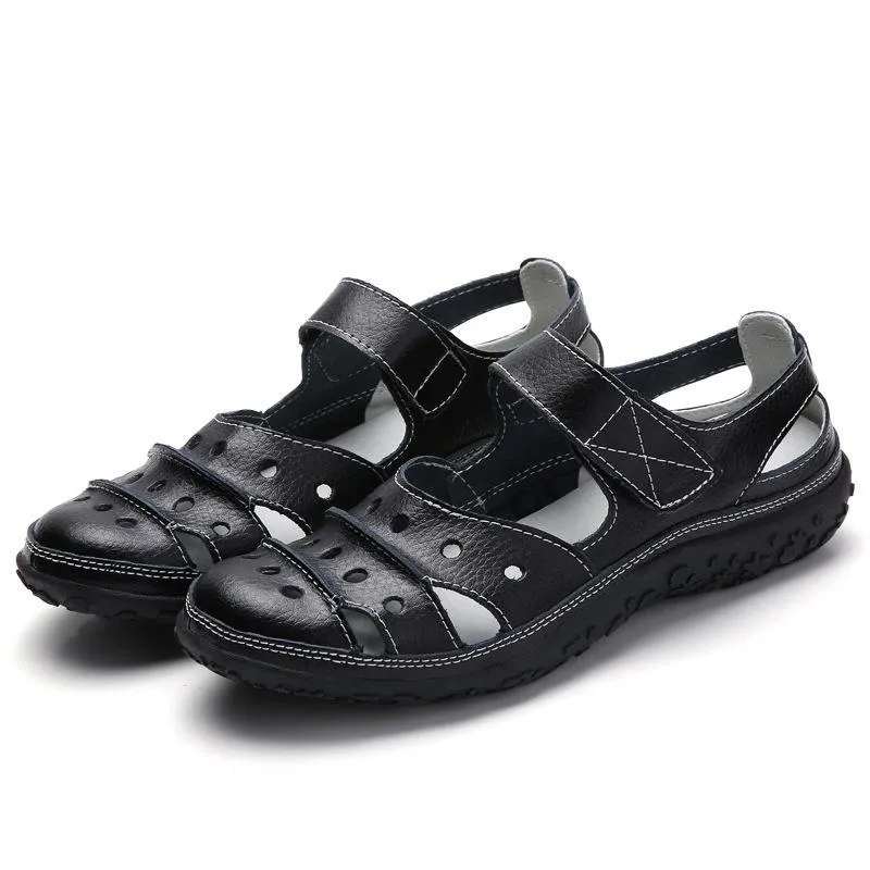 Chicvane Cut Out Velcro Closure Leather Round Toe Wedge Sandals