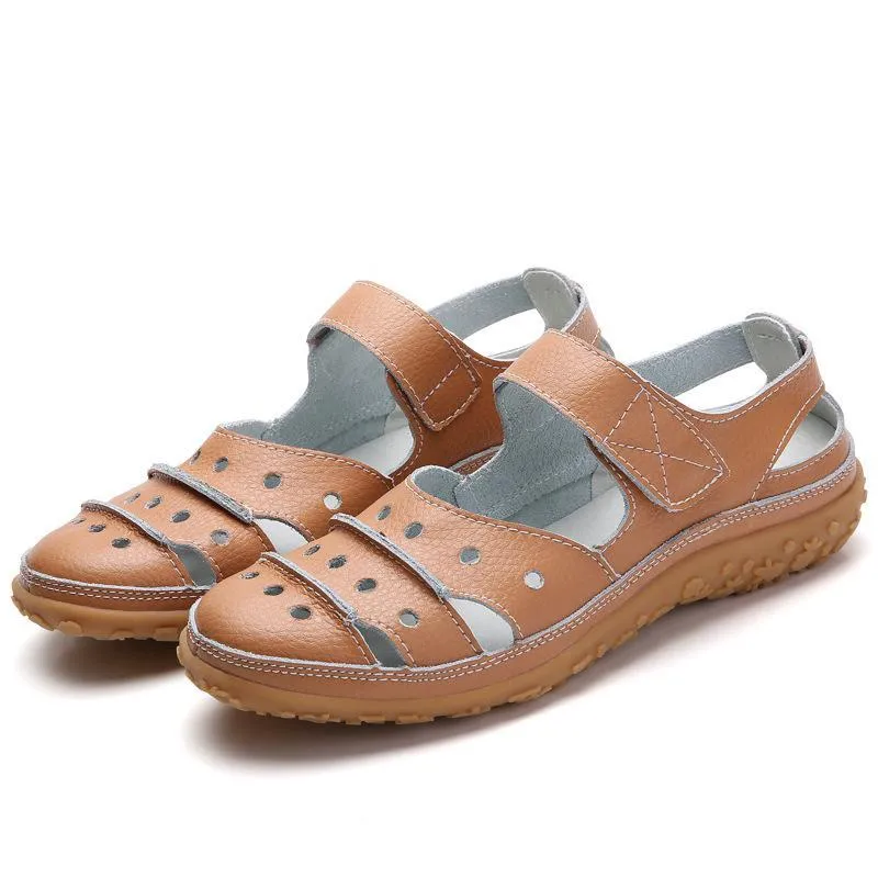 Chicvane Cut Out Velcro Closure Leather Round Toe Wedge Sandals