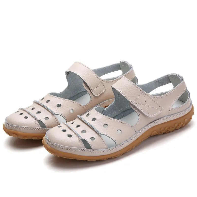Chicvane Cut Out Velcro Closure Leather Round Toe Wedge Sandals