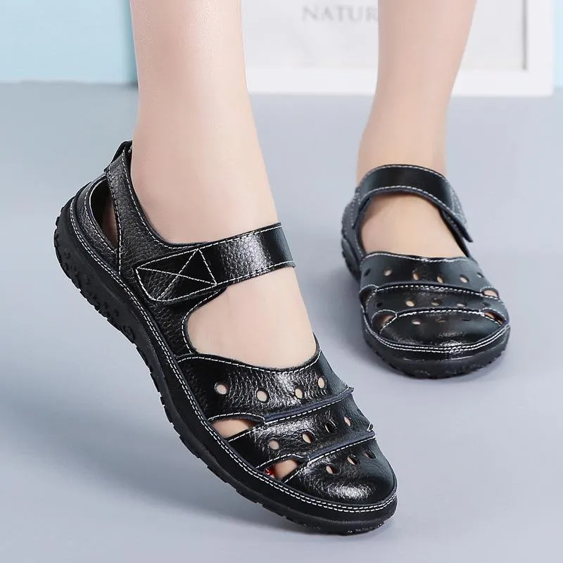 Chicvane Cut Out Velcro Closure Leather Round Toe Wedge Sandals