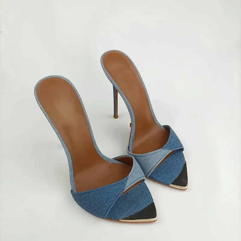 Denim Women Slippers Metal Decoration Pointed Toe Mules Shoes Women Super-high Heel Gladiator Sandals Sexy Luxury Women's Shoes