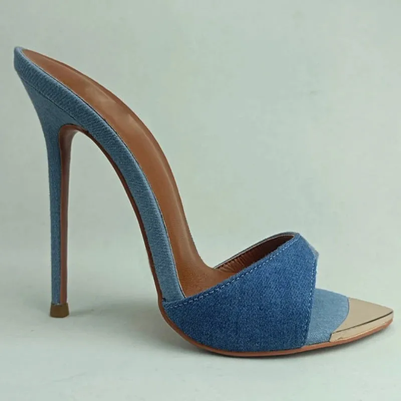 Denim Women Slippers Metal Decoration Pointed Toe Mules Shoes Women Super-high Heel Gladiator Sandals Sexy Luxury Women's Shoes