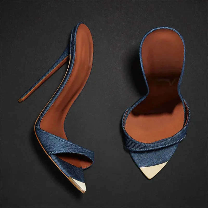 Denim Women Slippers Metal Decoration Pointed Toe Mules Shoes Women Super-high Heel Gladiator Sandals Sexy Luxury Women's Shoes