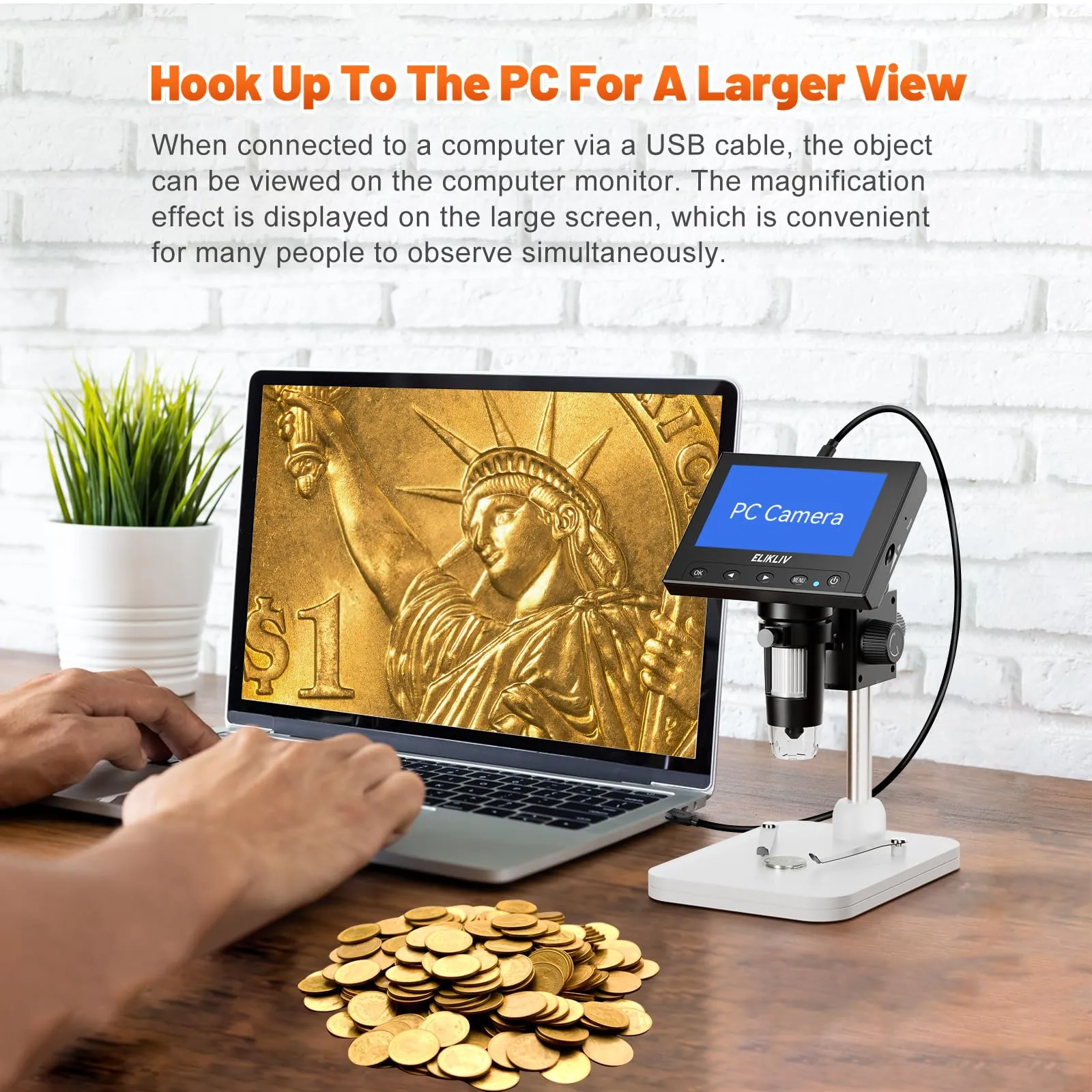 Elikliv Microscope, LCD Digital Coin Microscope 1000x, Coin Magnifier with 8 Adjustable LED Lights, PC View Compatible with Windows/MacBook, EDM4, 4.3 Inch