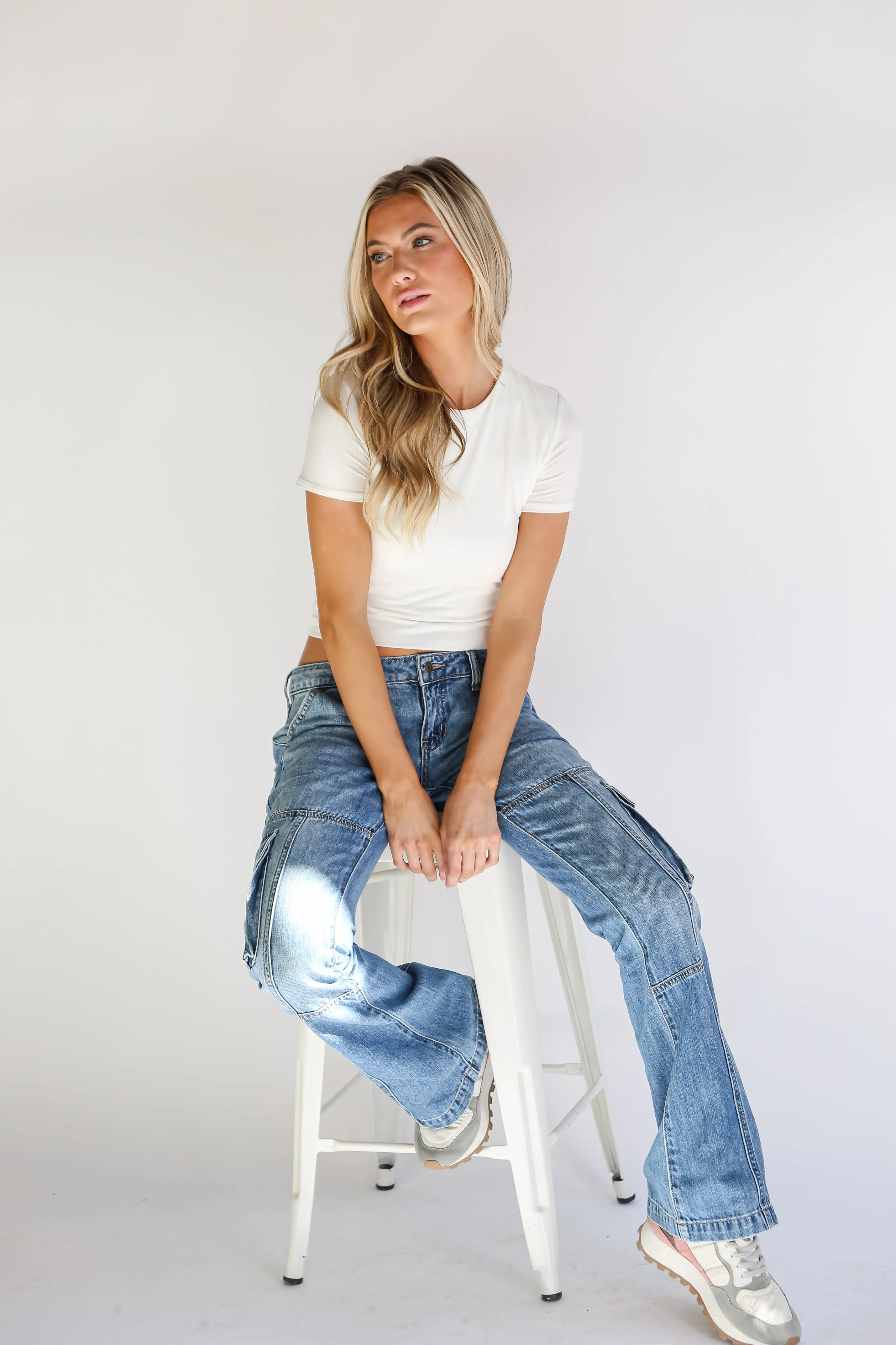FINAL SALE - Smooth Style Medium Wash Cargo Flare Jeans