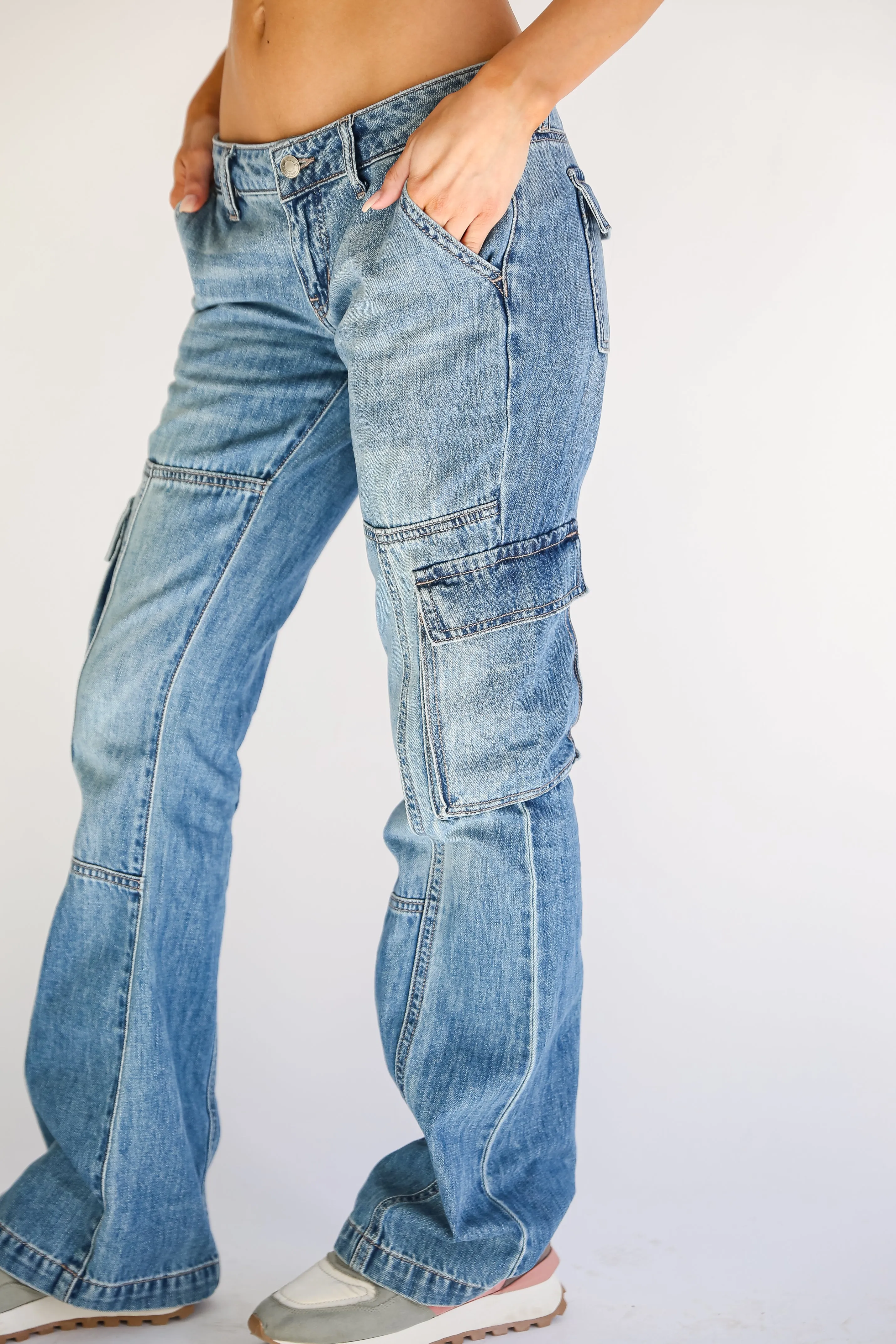 FINAL SALE - Smooth Style Medium Wash Cargo Flare Jeans