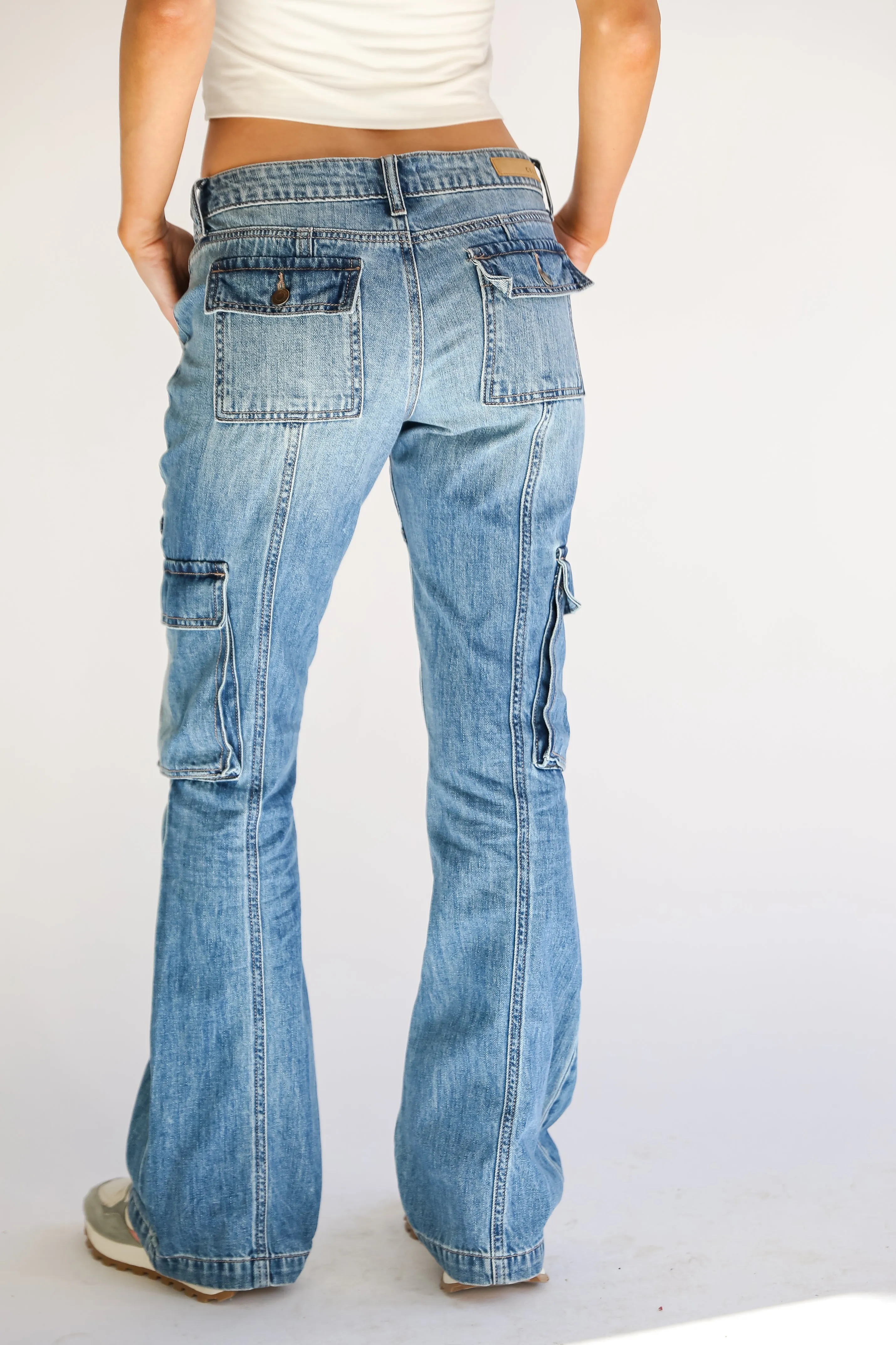 FINAL SALE - Smooth Style Medium Wash Cargo Flare Jeans