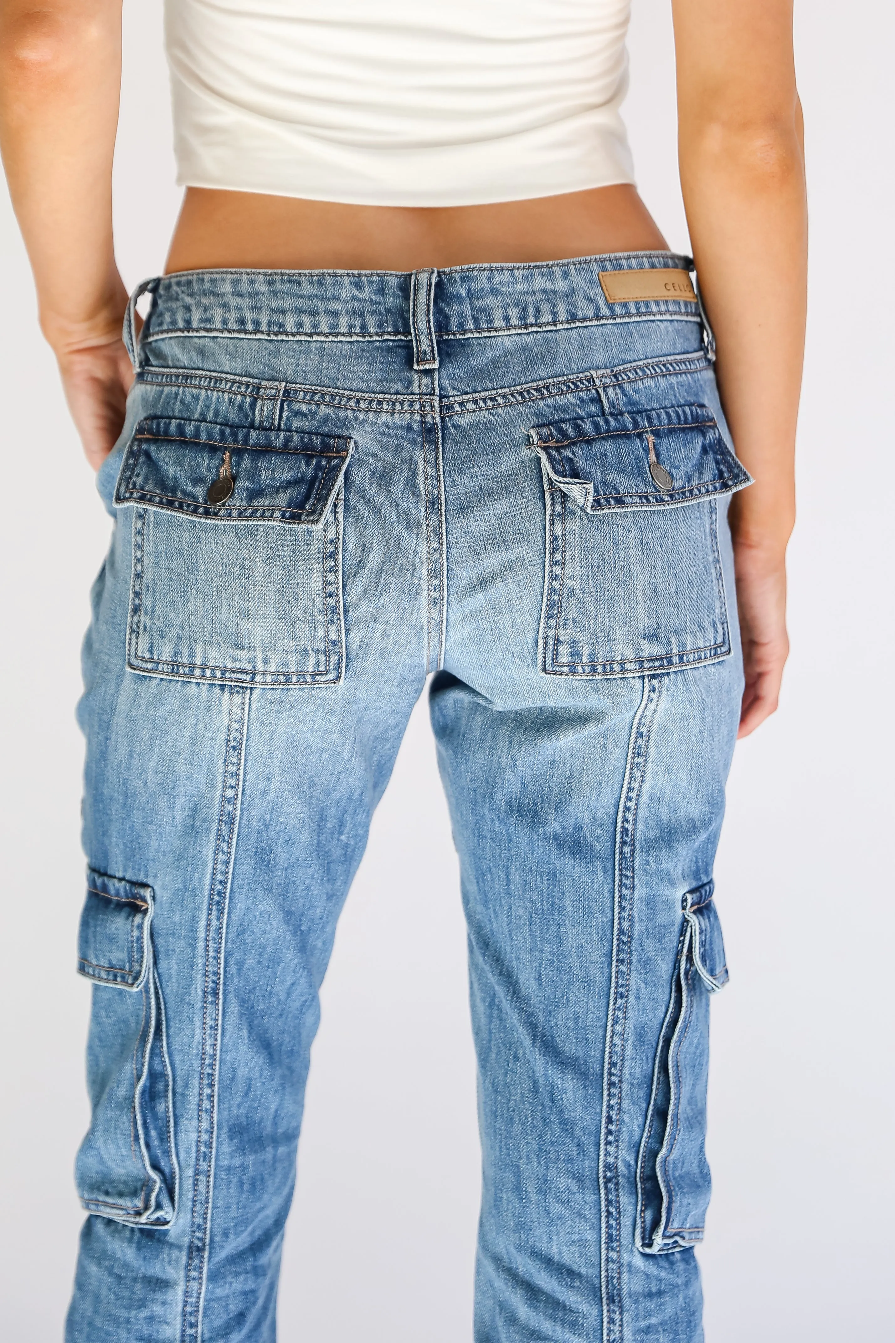 FINAL SALE - Smooth Style Medium Wash Cargo Flare Jeans