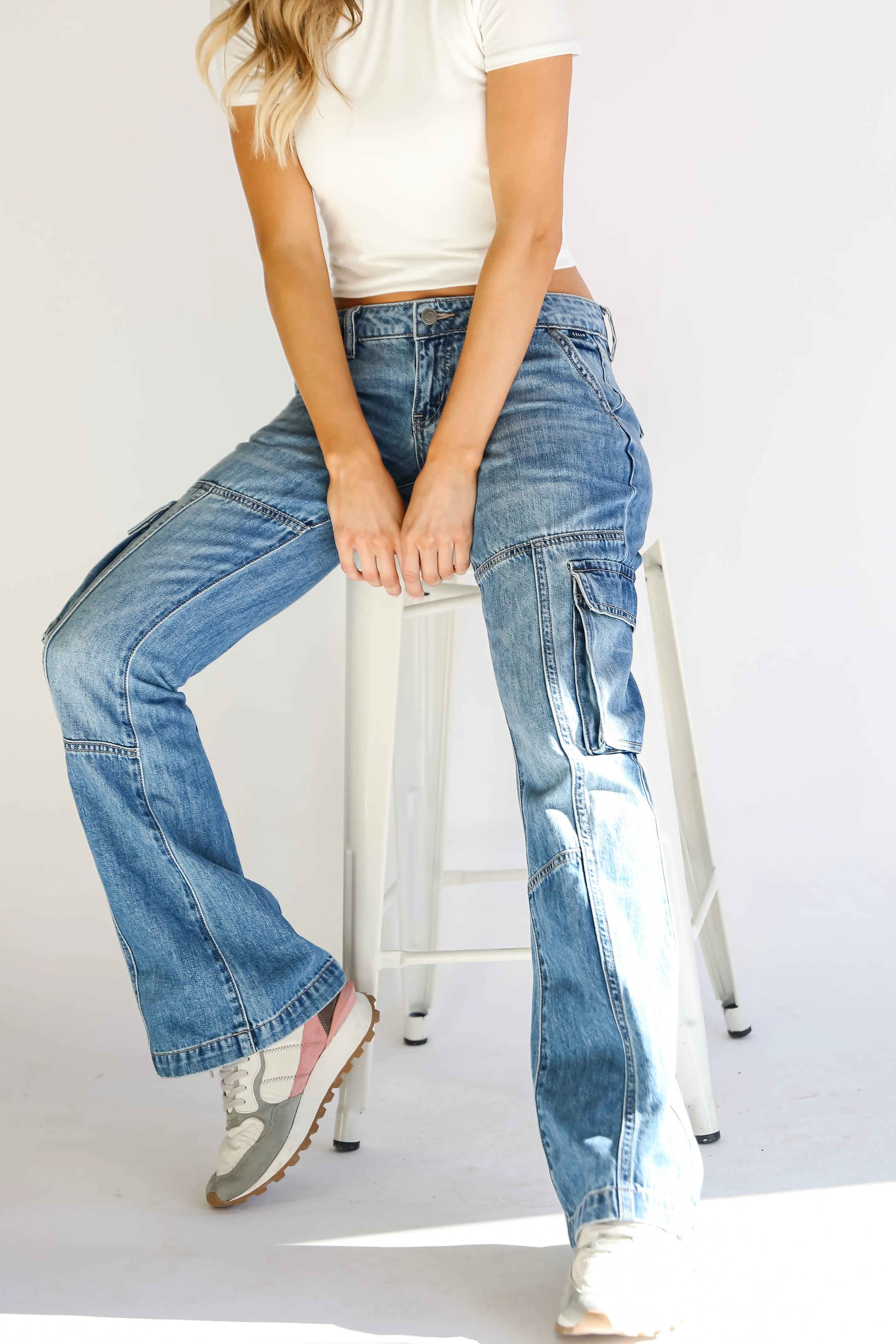 FINAL SALE - Smooth Style Medium Wash Cargo Flare Jeans