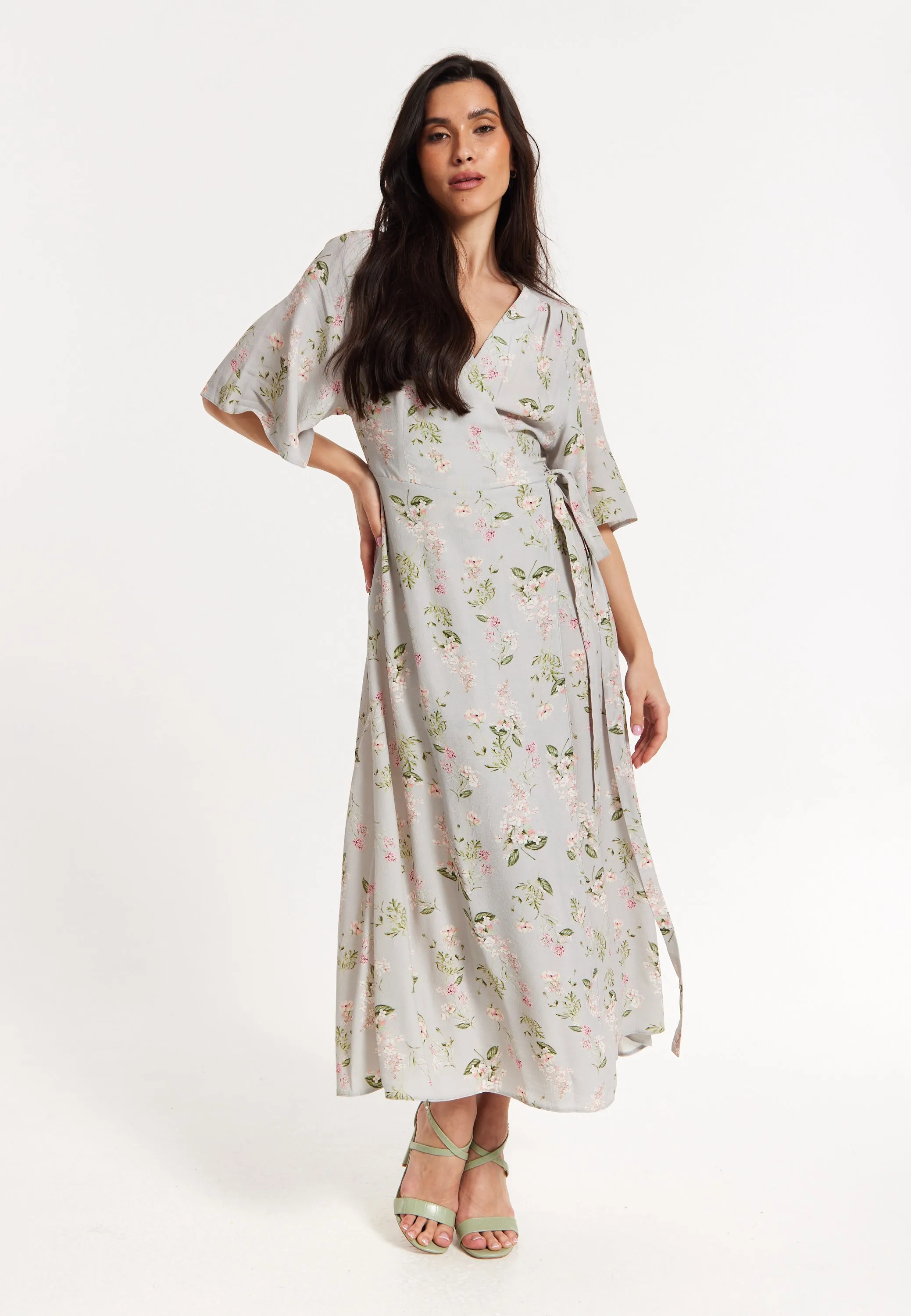 Floral Print Kimono Sleeve Wrap Maxi Dress