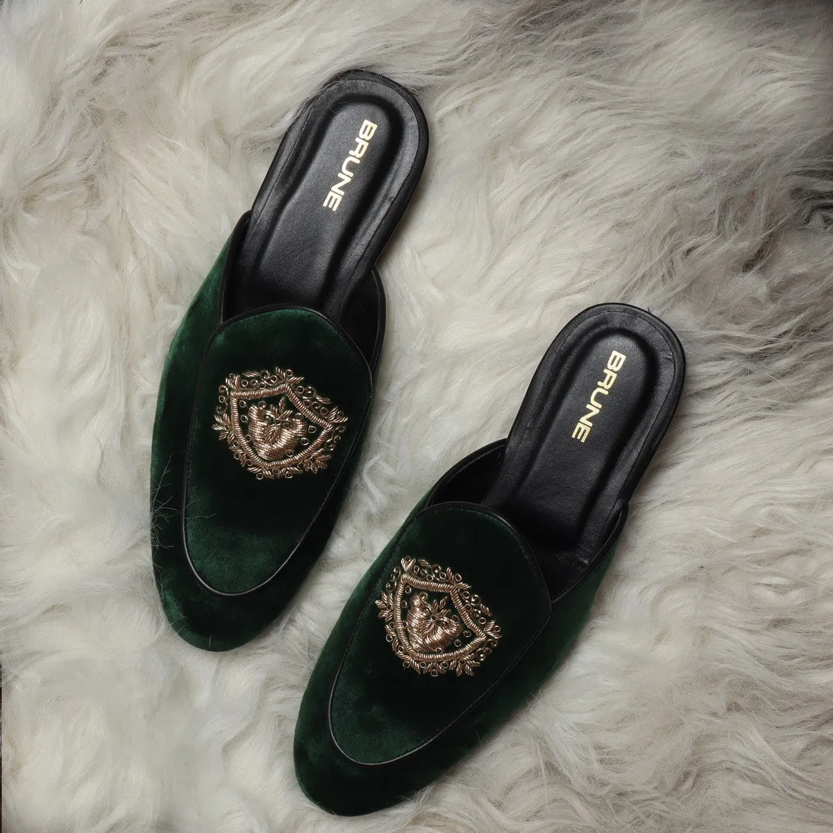 Green Italian Velvet Mules with Golden Crest Zardosi By Brune & Bareskin
