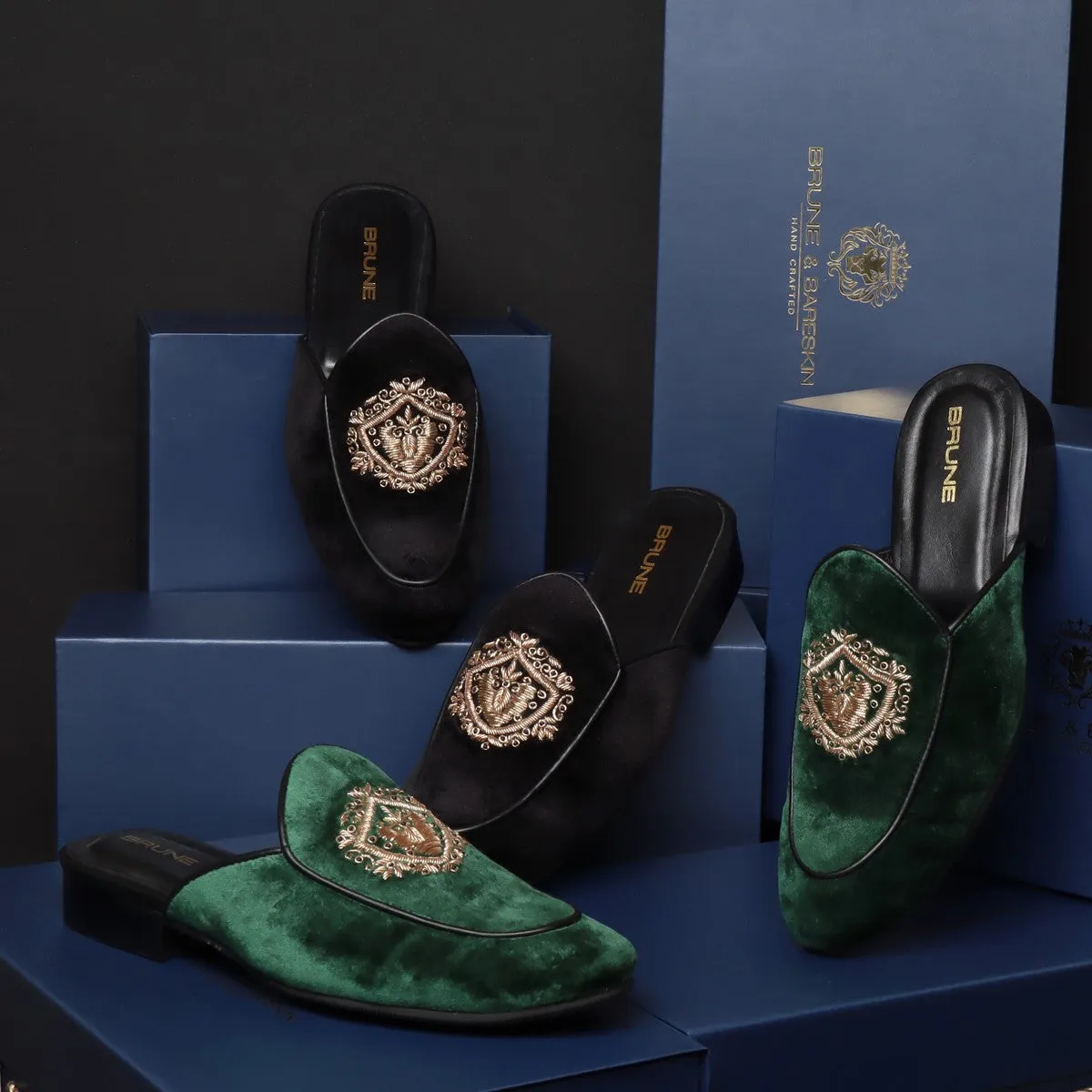 Green Italian Velvet Mules with Golden Crest Zardosi By Brune & Bareskin