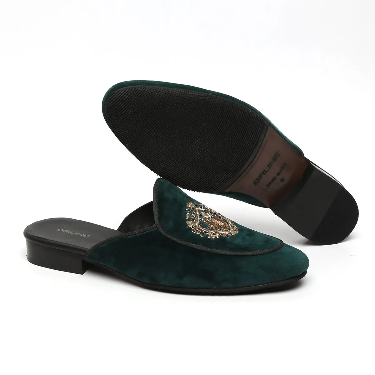 Green Italian Velvet Mules with Golden Crest Zardosi By Brune & Bareskin