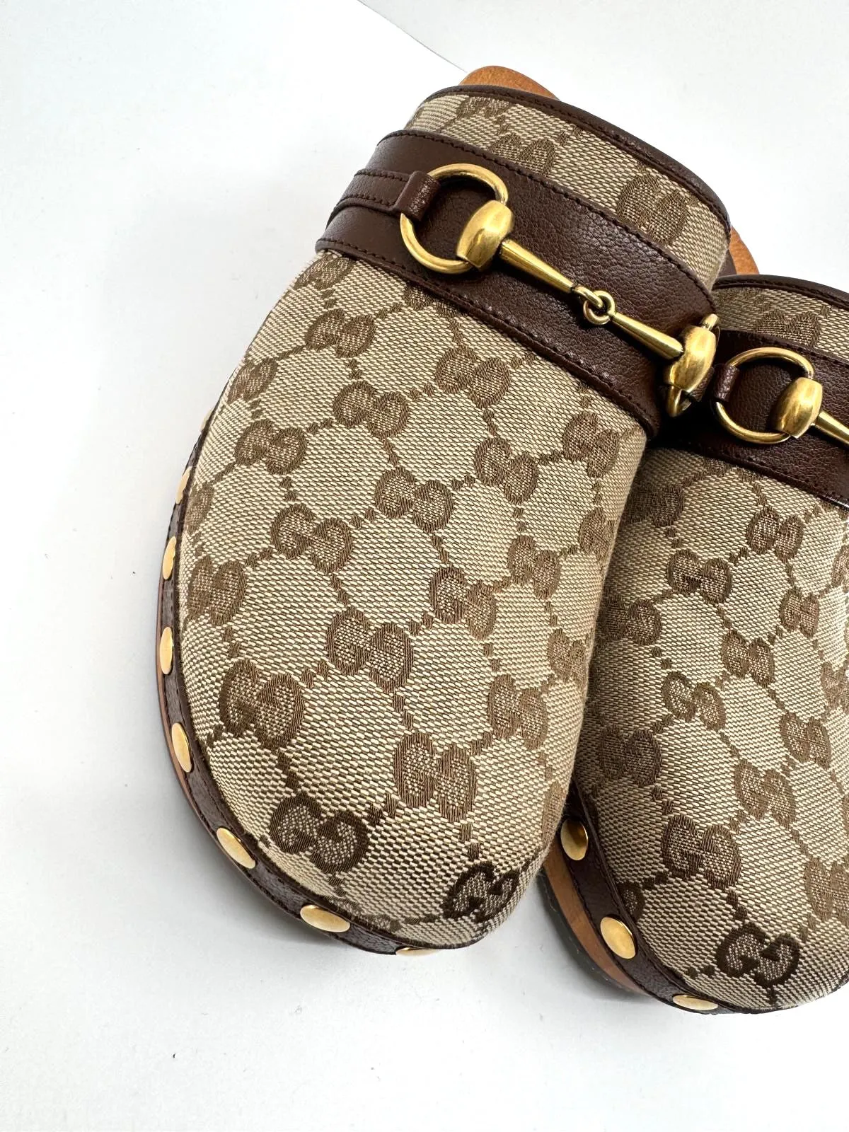 GUCCI GG GOATSKIN HORSEBIT MONOGRAM CLOGS