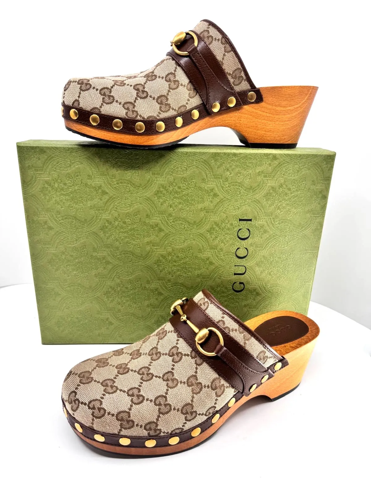 GUCCI GG GOATSKIN HORSEBIT MONOGRAM CLOGS