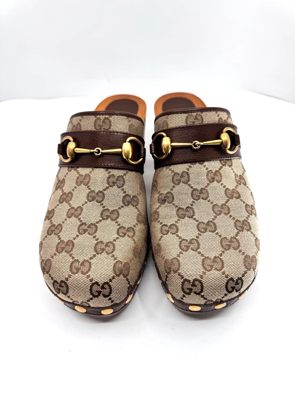 GUCCI GG GOATSKIN HORSEBIT MONOGRAM CLOGS