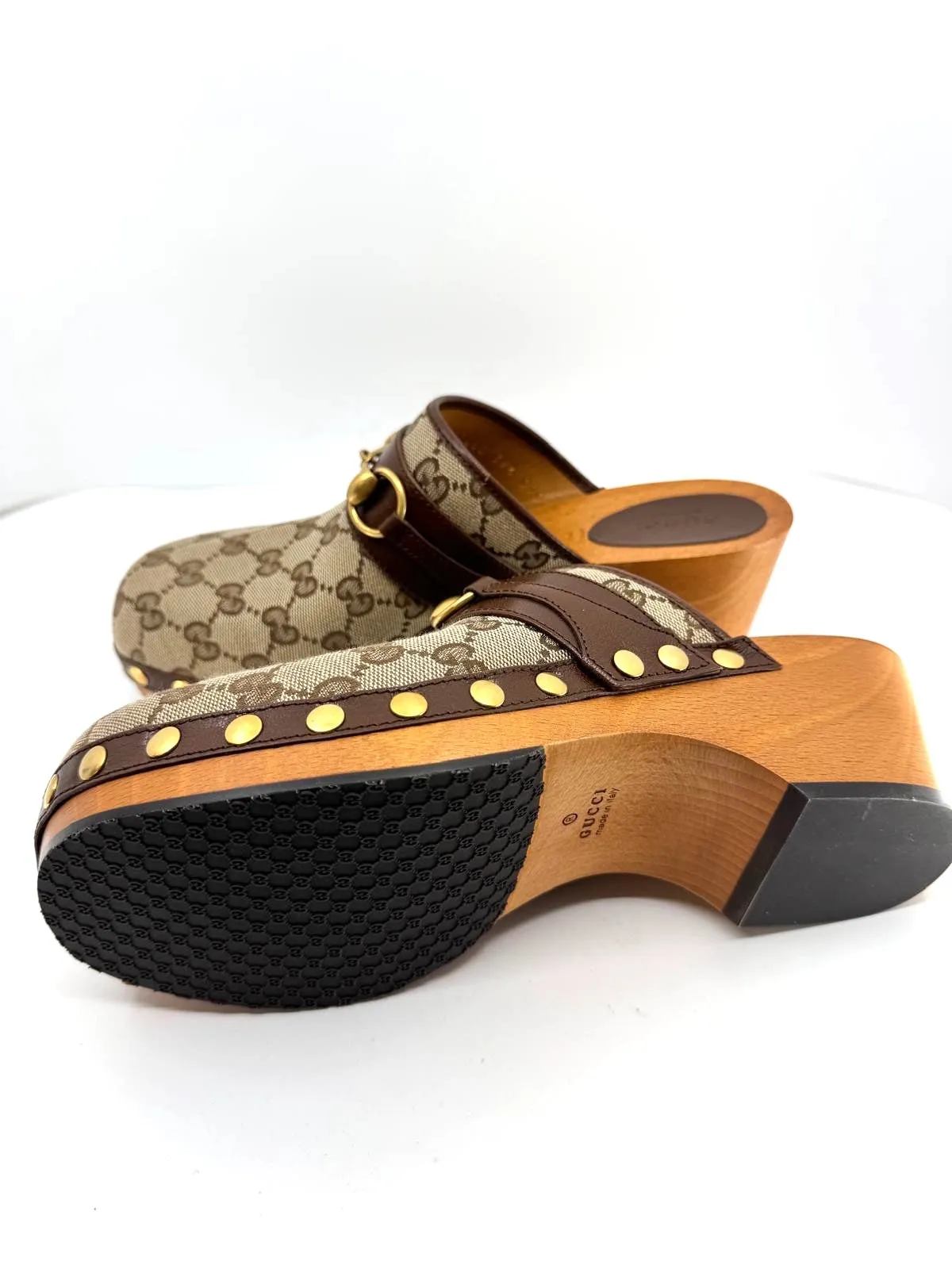 GUCCI GG GOATSKIN HORSEBIT MONOGRAM CLOGS