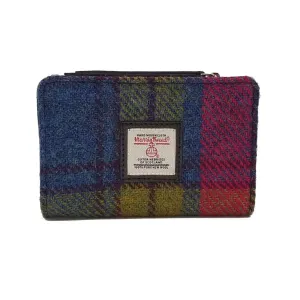 Harris Tweed Medium Zip Purse In Blue/Pink Check