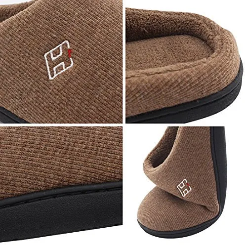 HomeIdeas Men's Classic Memory Foam Plush House Slippers, Comfortable Anti-slip Shoes (Medium / 9-10 D(M) US, Brown)