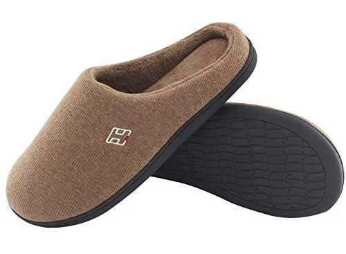 HomeIdeas Men's Classic Memory Foam Plush House Slippers, Comfortable Anti-slip Shoes (Medium / 9-10 D(M) US, Brown)