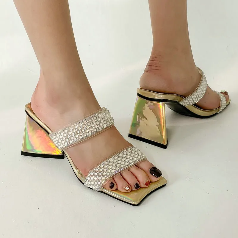 Joskaa 2024 Summer Bohemian Stylish Lady Chunky High Heels Shoes Open Toe Crystal Double Strap Sandals Slides Mules Women Hoco Shoes